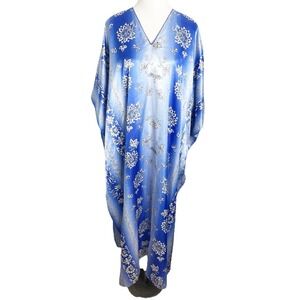VTG Metropolitan Maxi Dress‎ Kaftan Muumuu Blue White Silky Resort Beach OS